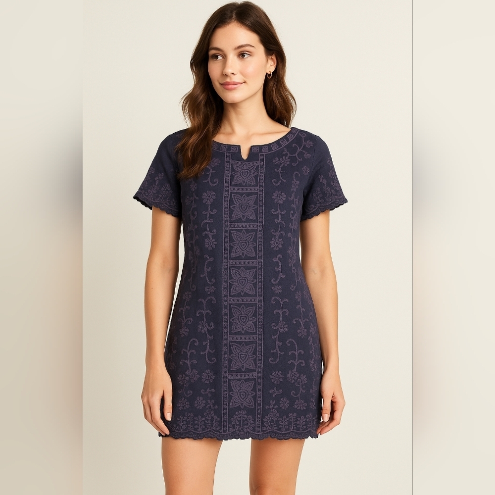 Wrap London 100% Linen Embroidered Peasant Lagenlook Blue‎ Shift Dress US Size 8